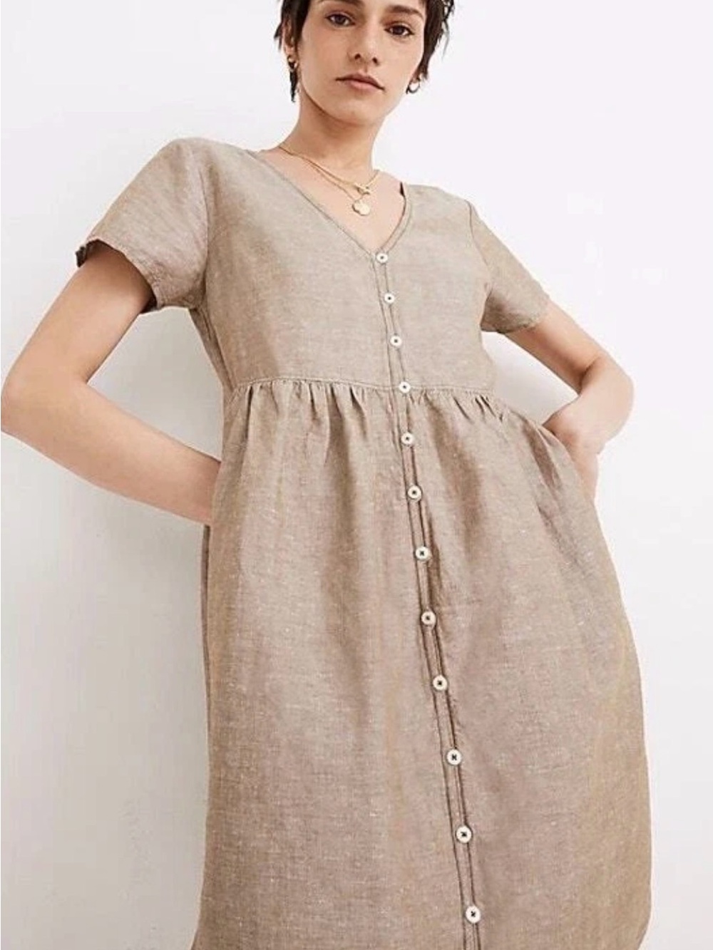 Madewell Tan Linen Button-Front Midi Dress